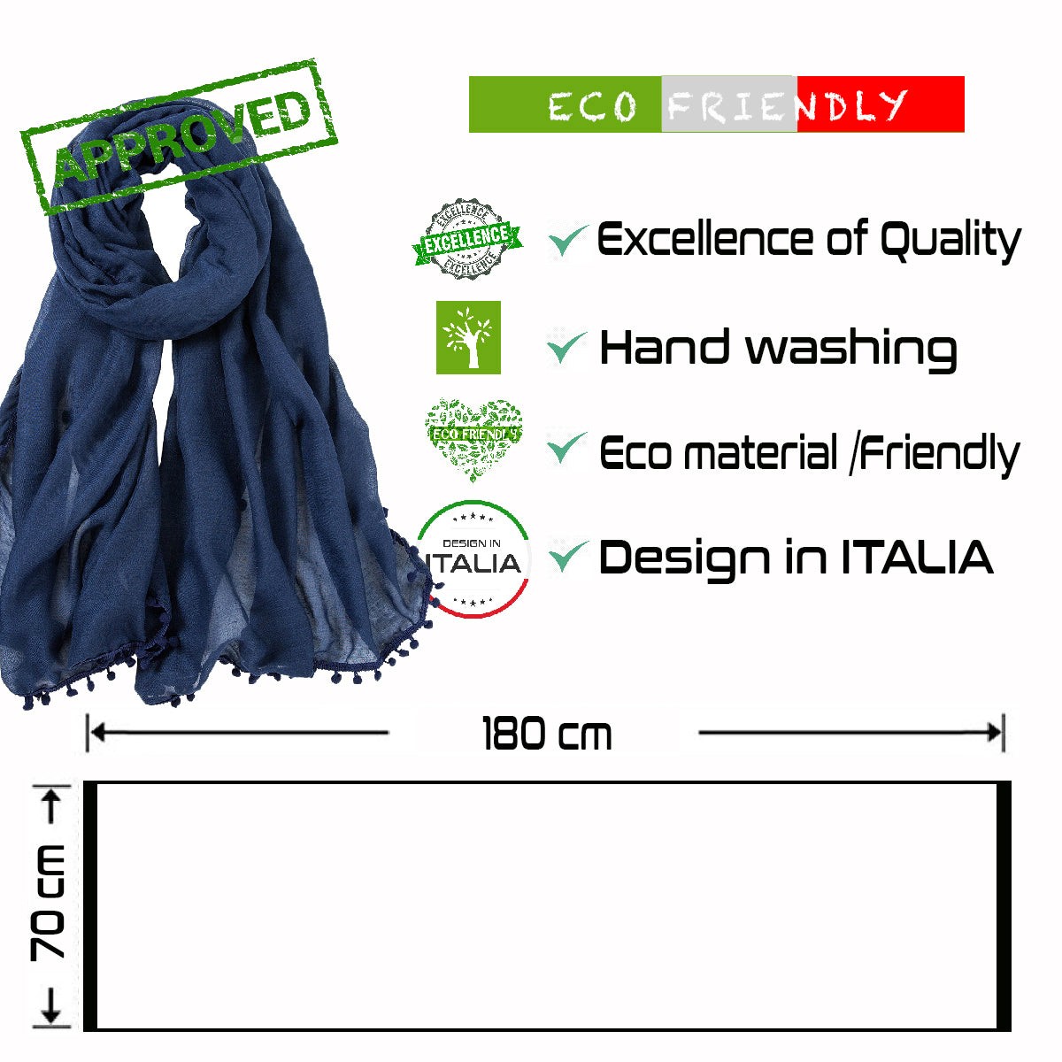 Chèche coton bleu marine Elvia Marine 100% Coton 180x70cm