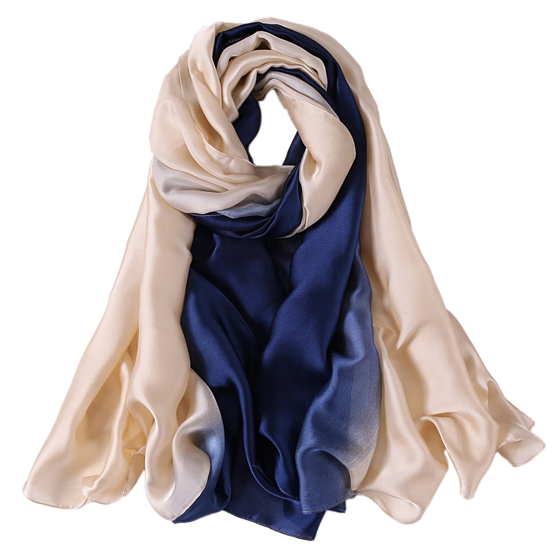 Étole de Soie Beige Navy Duo Bleu 100% Soie 180x90cm