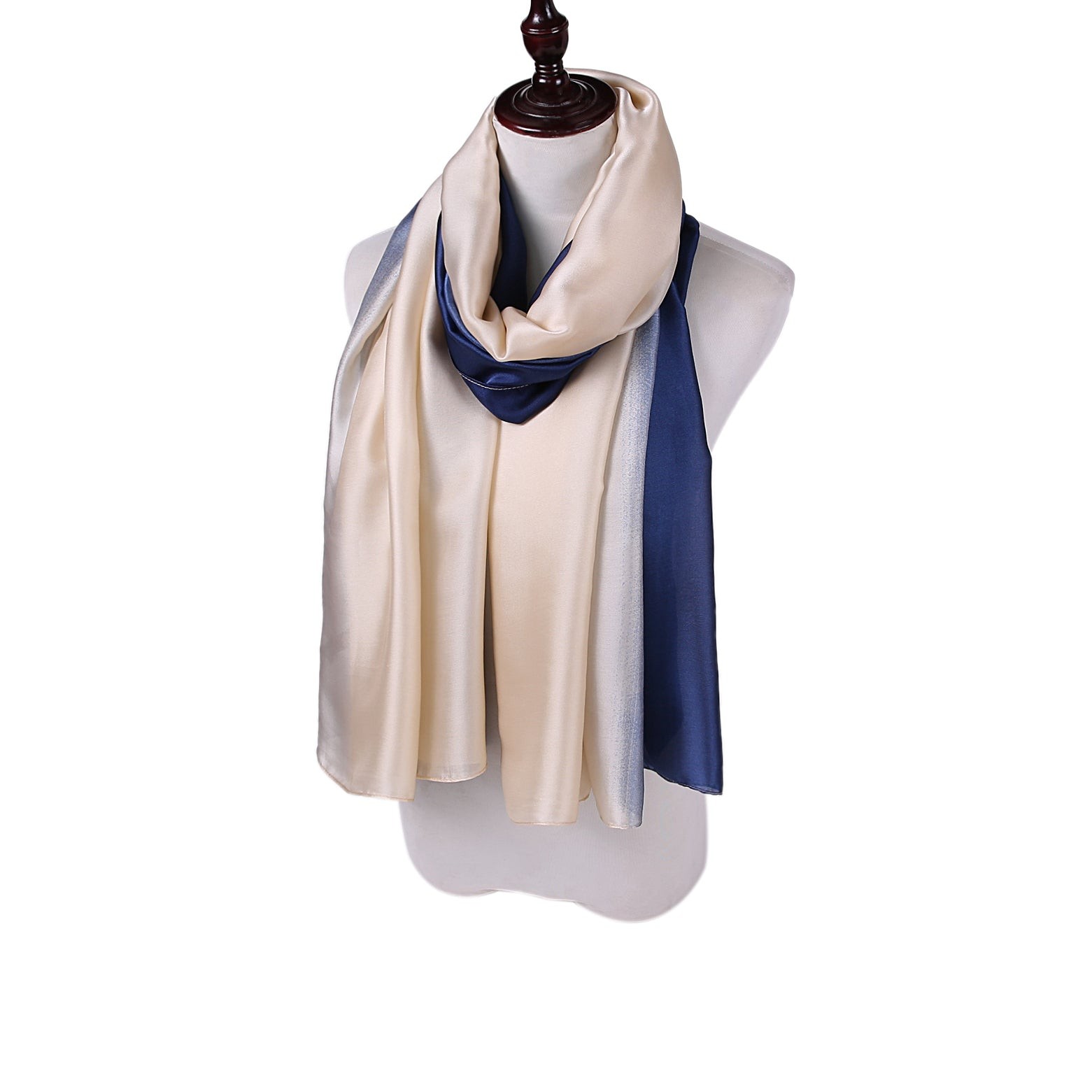 Étole de Soie Beige Navy Duo Bleu 100% Soie 180x90cm