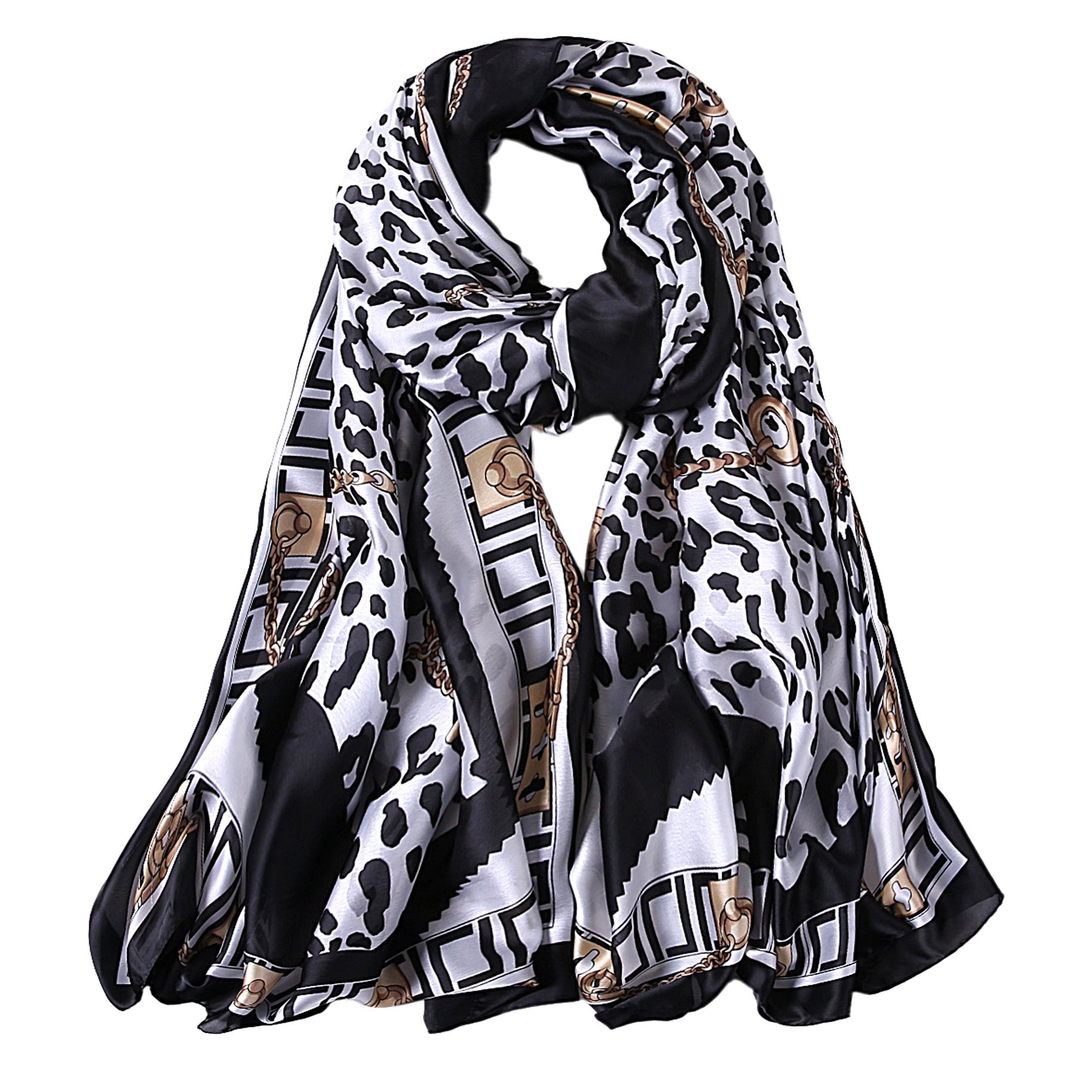 Étole de Soie Black Léopard Chain Noir 100% Soie 180x90cm