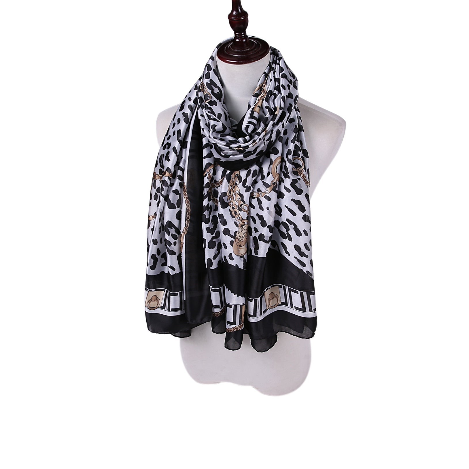 Étole de Soie Black Léopard Chain Noir 100% Soie 180x90cm