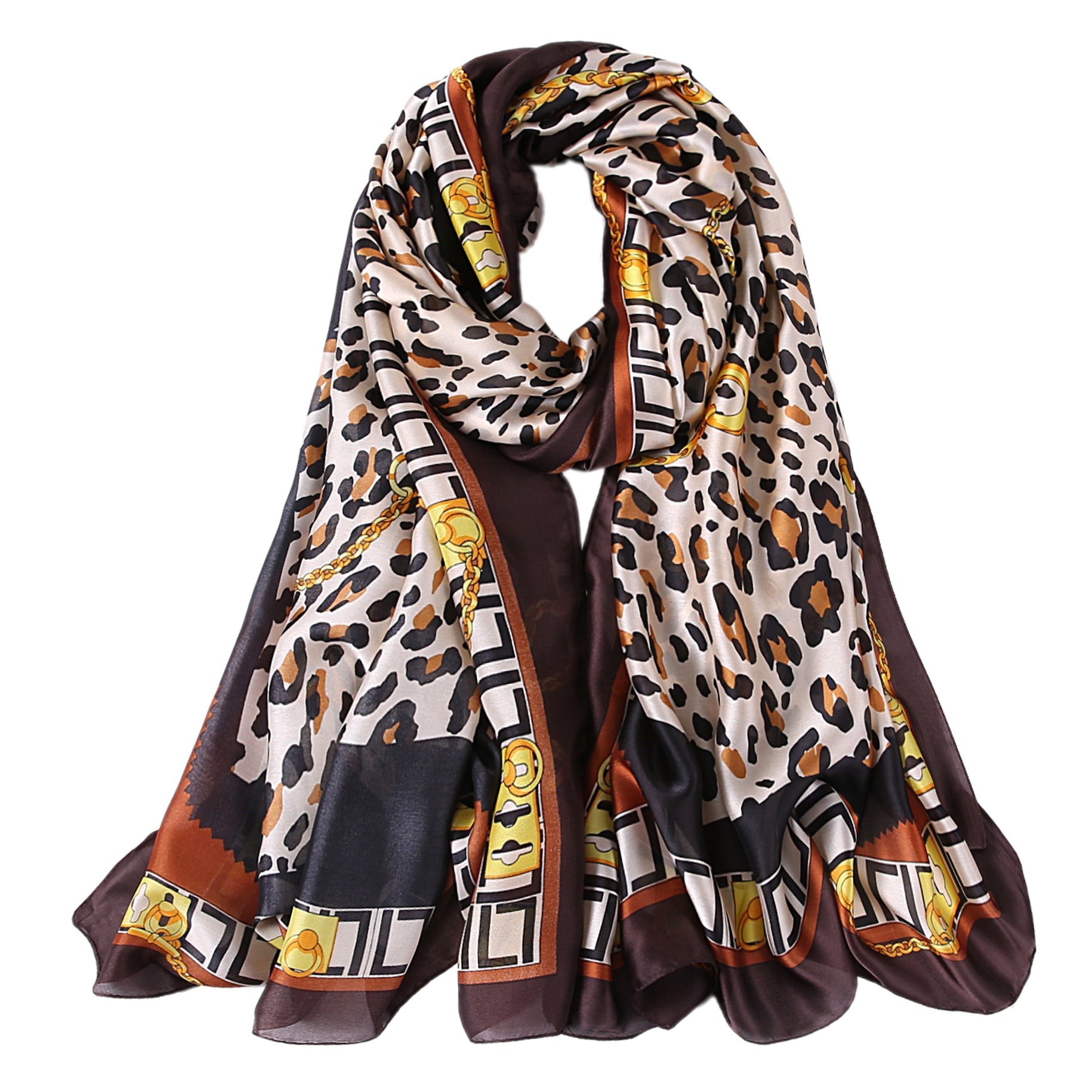 Étole de Soie Chocolate Léopard Chain marron 100% Soie 180x90cm