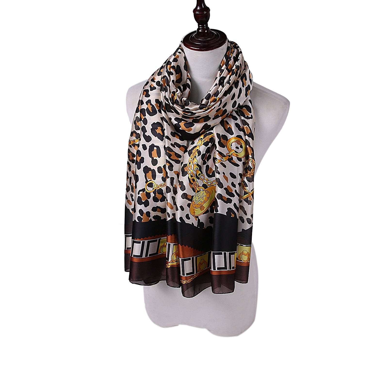 Étole de Soie Chocolate Léopard Chain marron 100% Soie 180x90cm