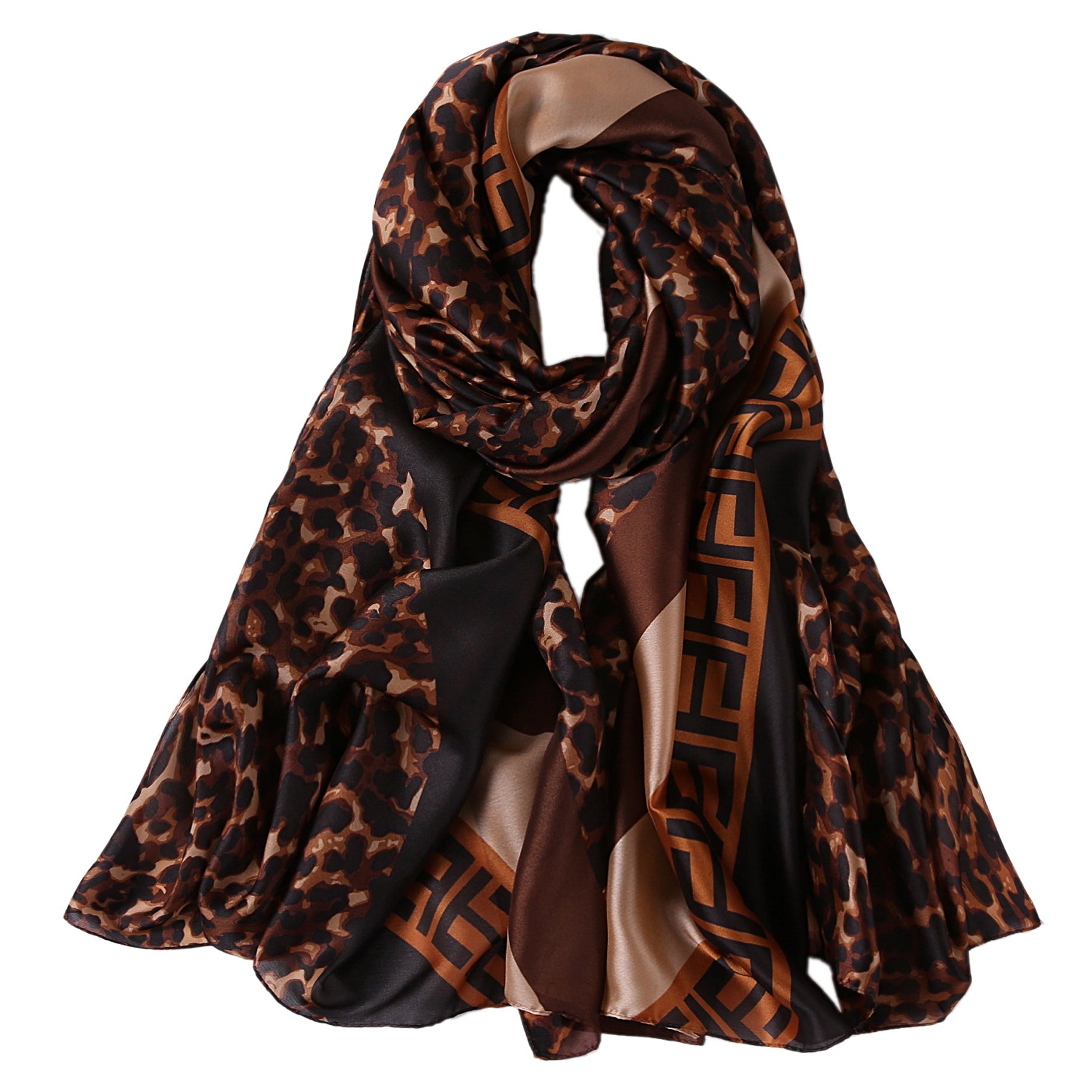 Étole de Soie Gold Léopard Double F Chocolat 100% Soie 180x90cm