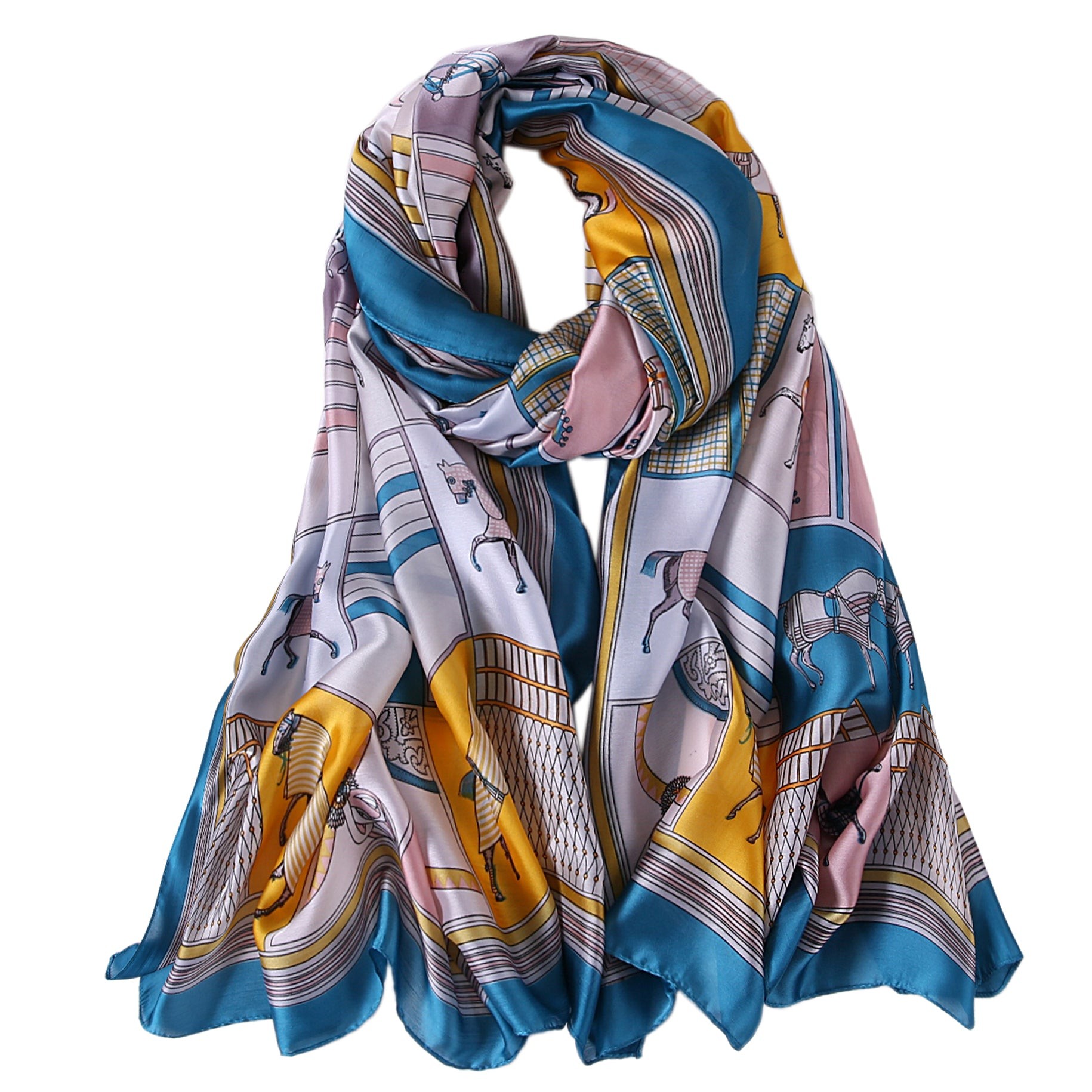 Étole de Soie Pink Horse Bleu 100% Soie 180x90cm