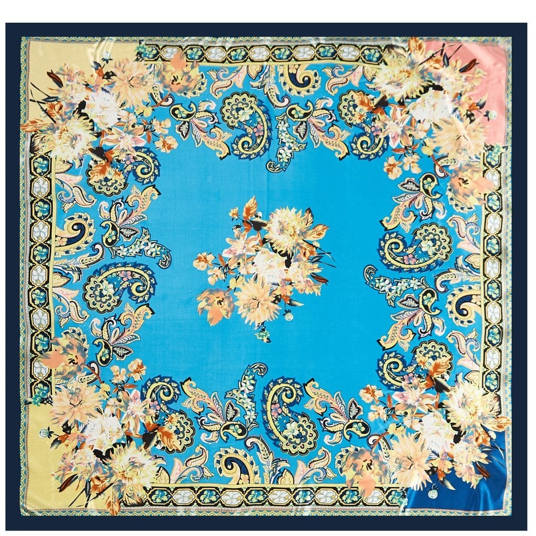 Grand carré de Soie Blue India Zoé Turquoise 100% Soie 90x90cm
