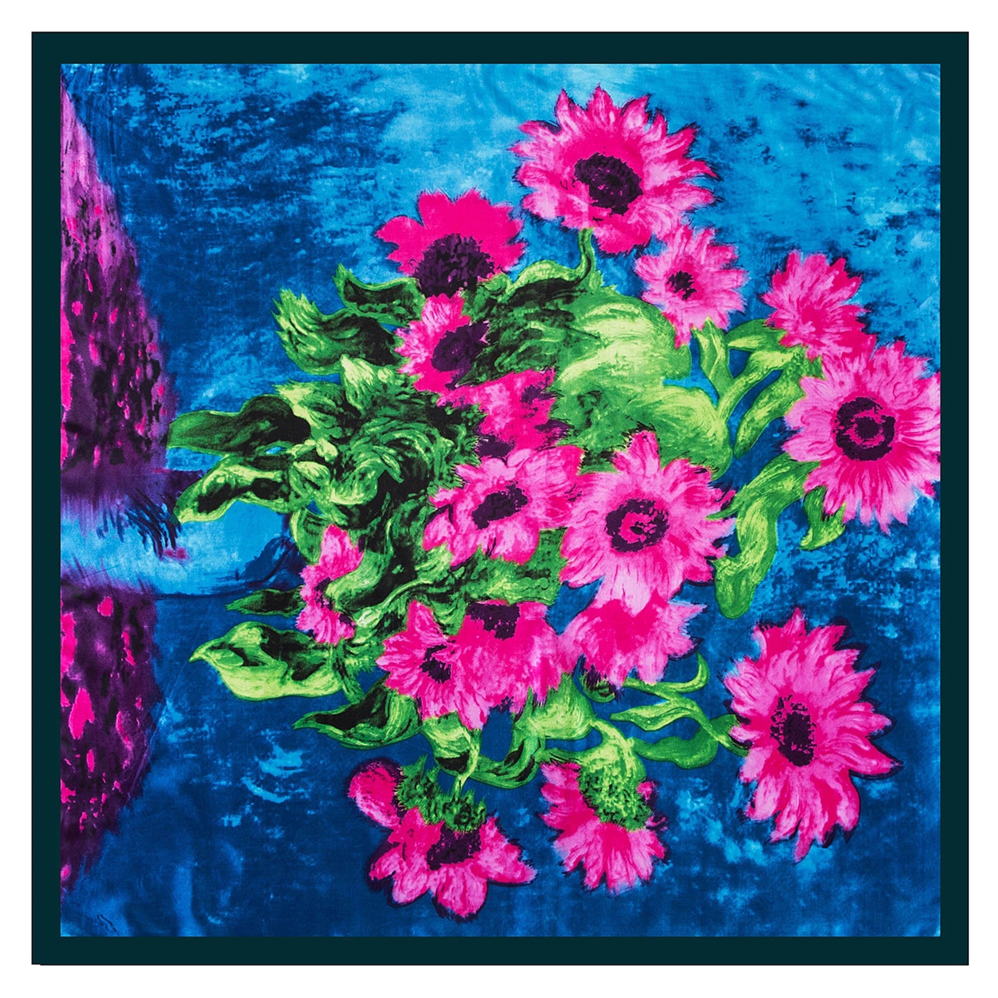 Grand carré de Soie Flora Pink Zoé Bleu 100% Soie 90x90cm