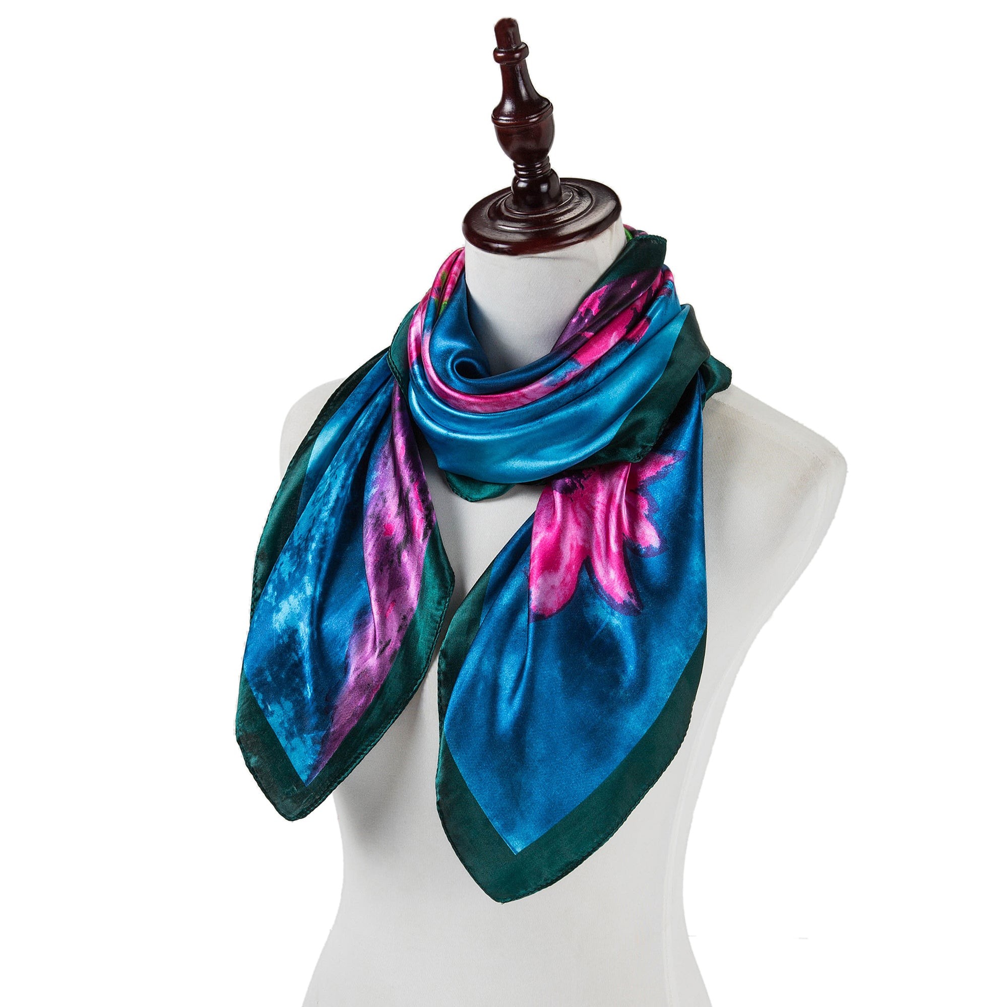 Grand carré de Soie Flora Pink Zoé Bleu 100% Soie 90x90cm