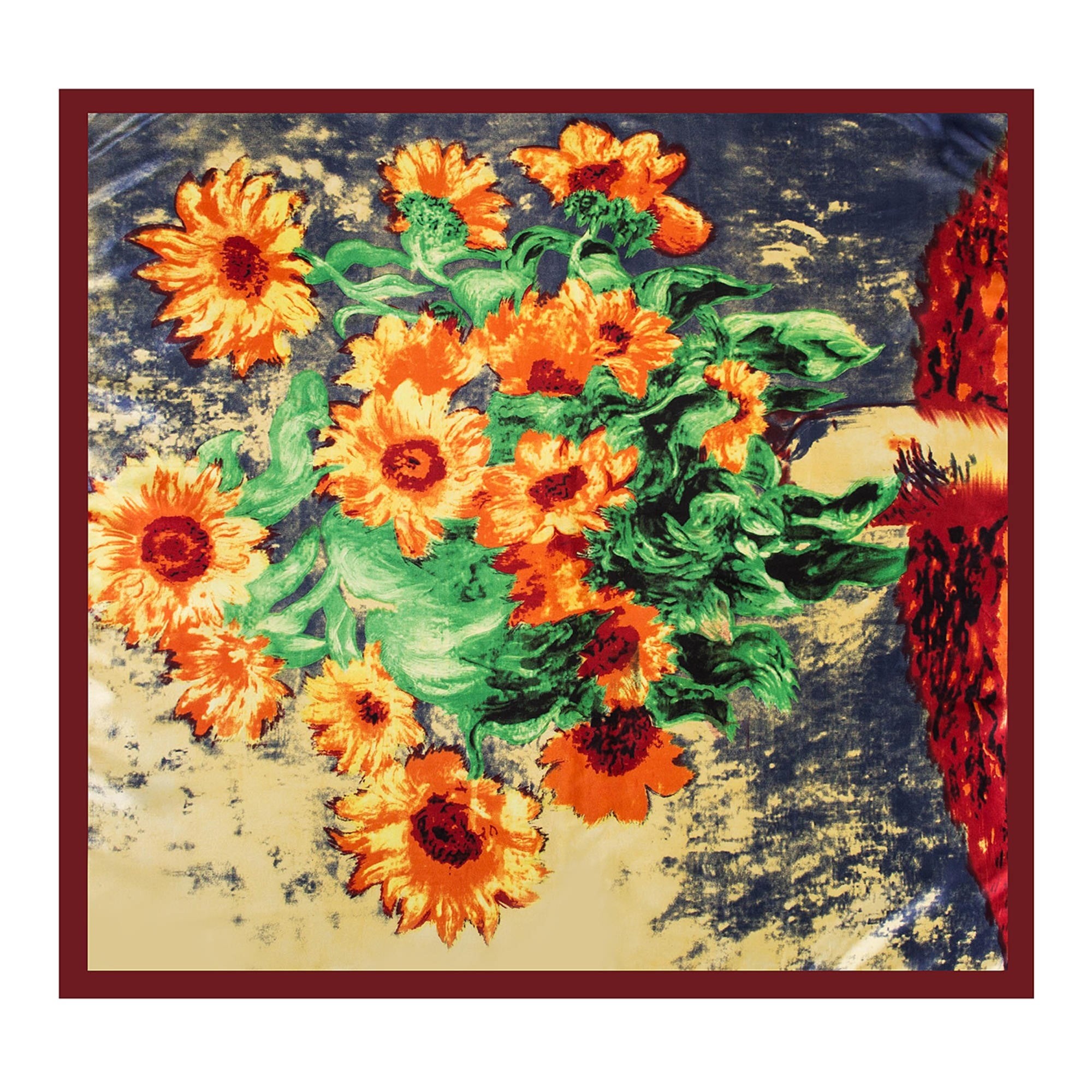 Grand carré de Soie Flora Yellow Red Zoé Chocolat 100% Soie 90x90cm
