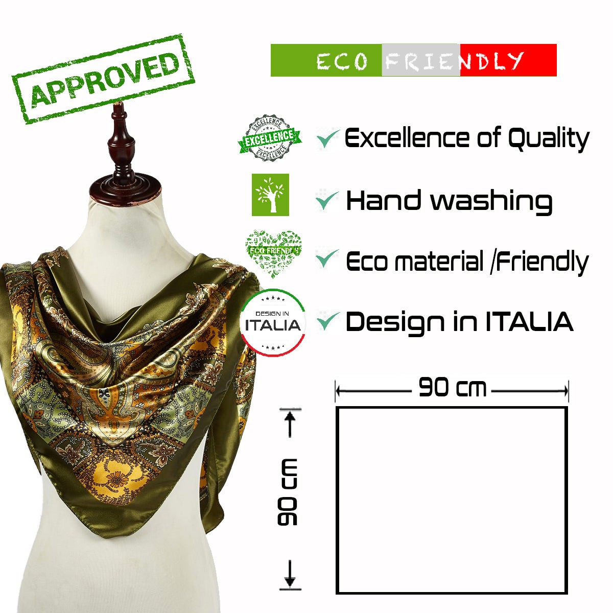 Grand carré de Soie Green India Zoé Vert 100% Soie 90x90cm