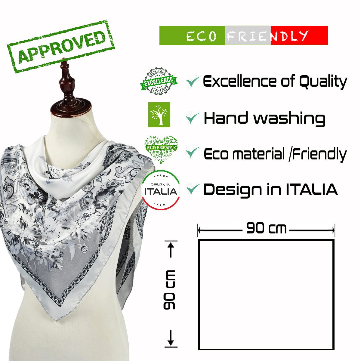 Grand carré de Soie White Grey Bandana Zoé Blanc 100% Soie 90x90cm
