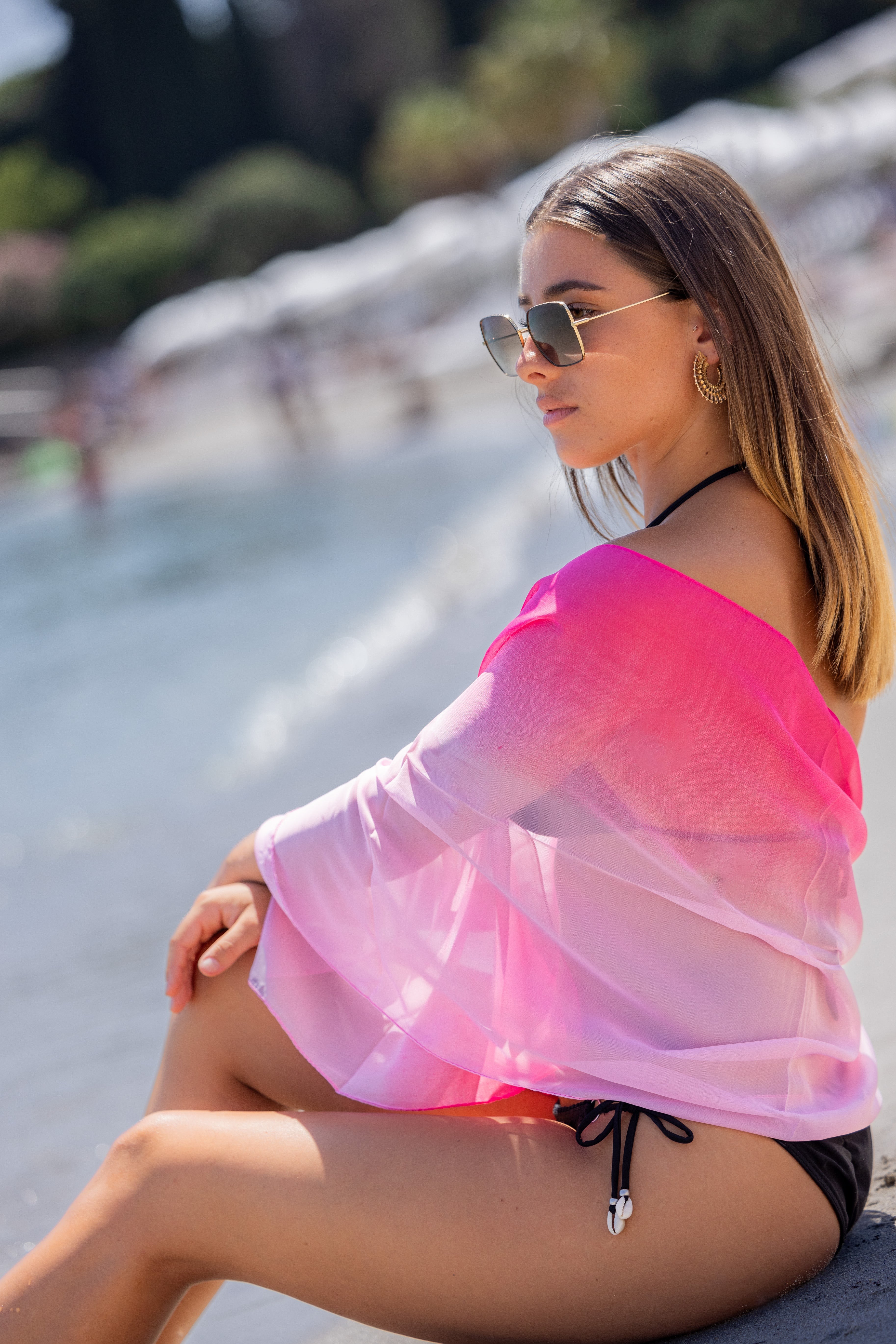 Paréo de plage DUO Rose 100% Soie 150cm x 50cm