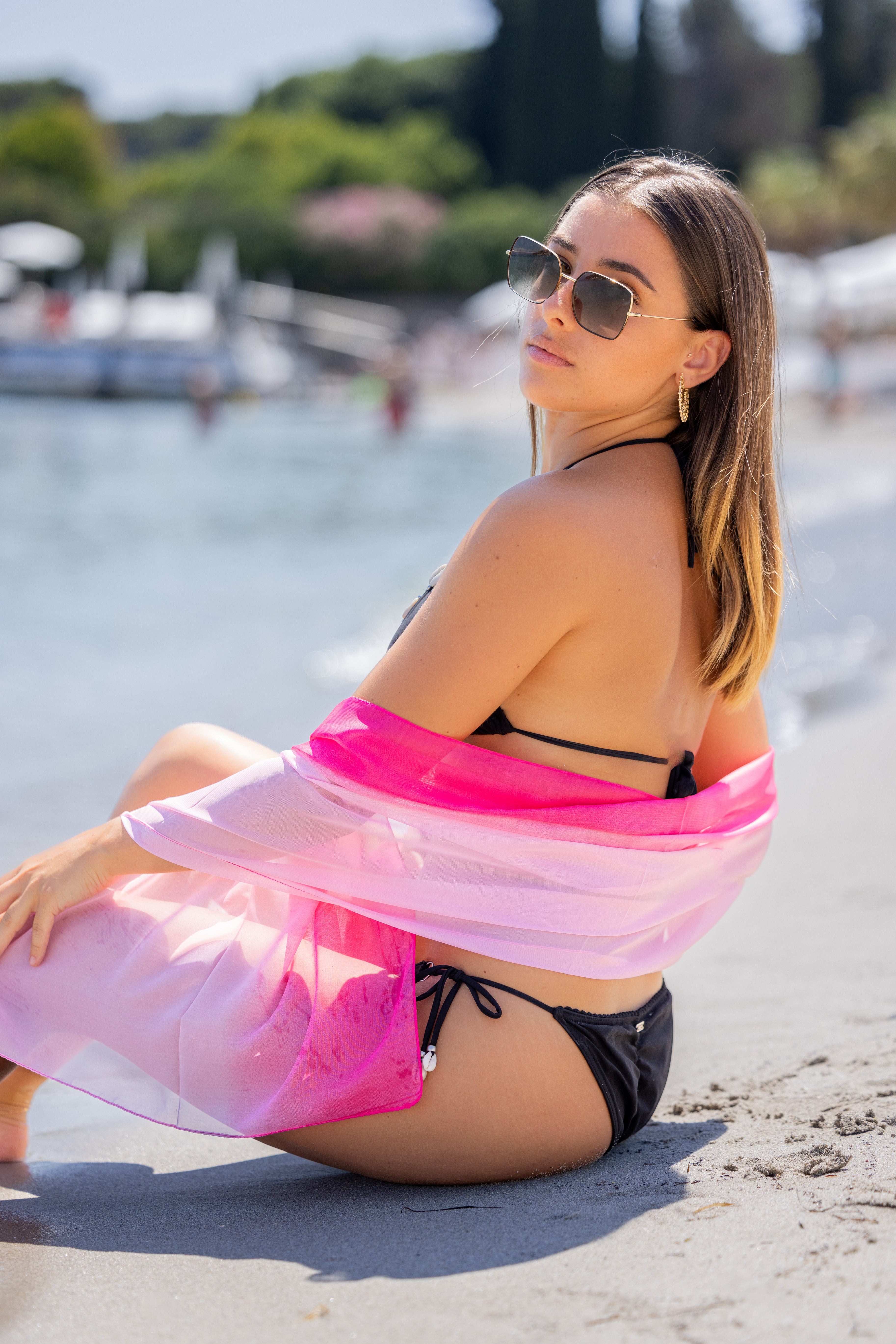 Paréo de plage DUO Rose 100% Soie 150cm x 50cm