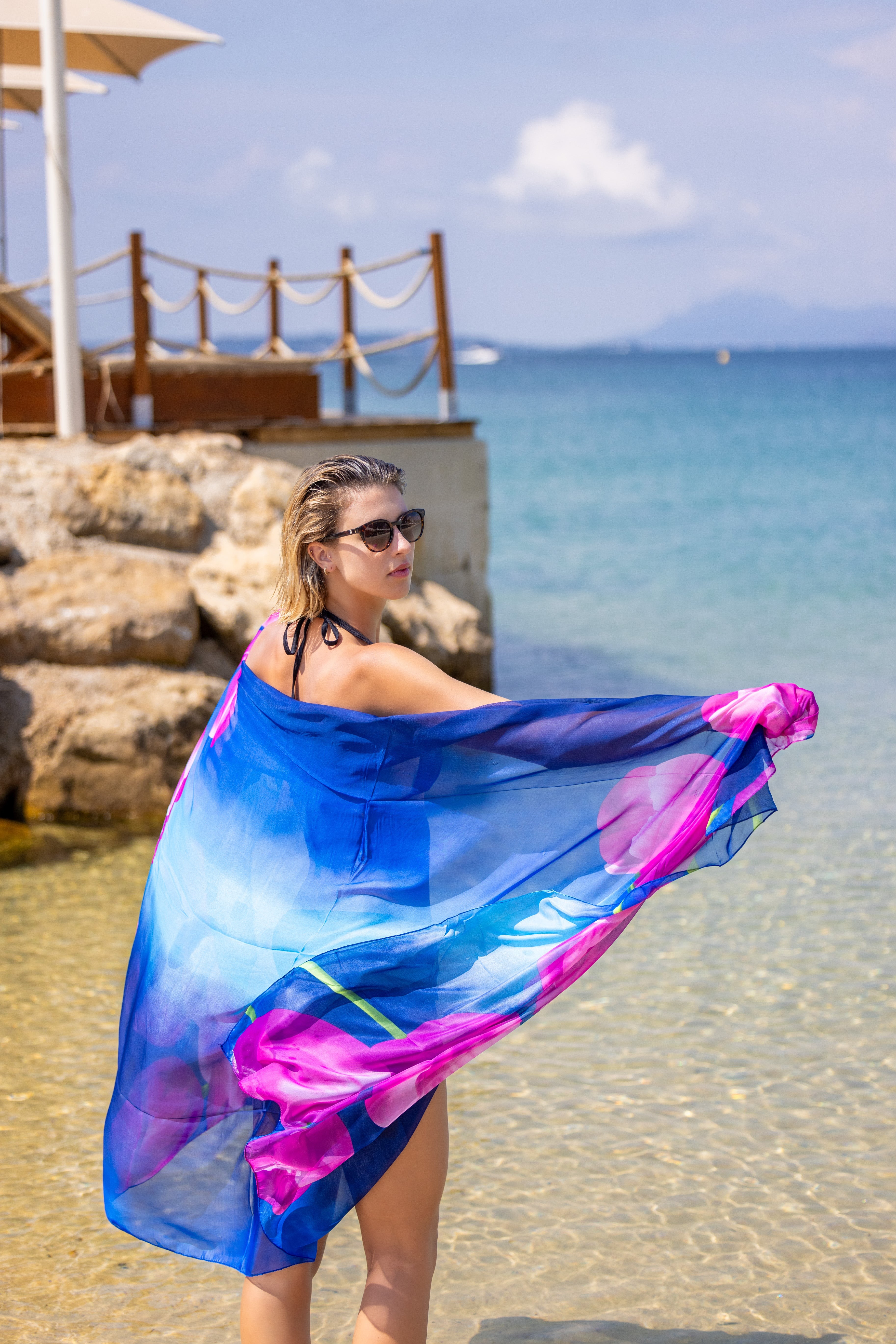Paréo de plage FABIOLA Bleu 100% Soie 180 x 135cm