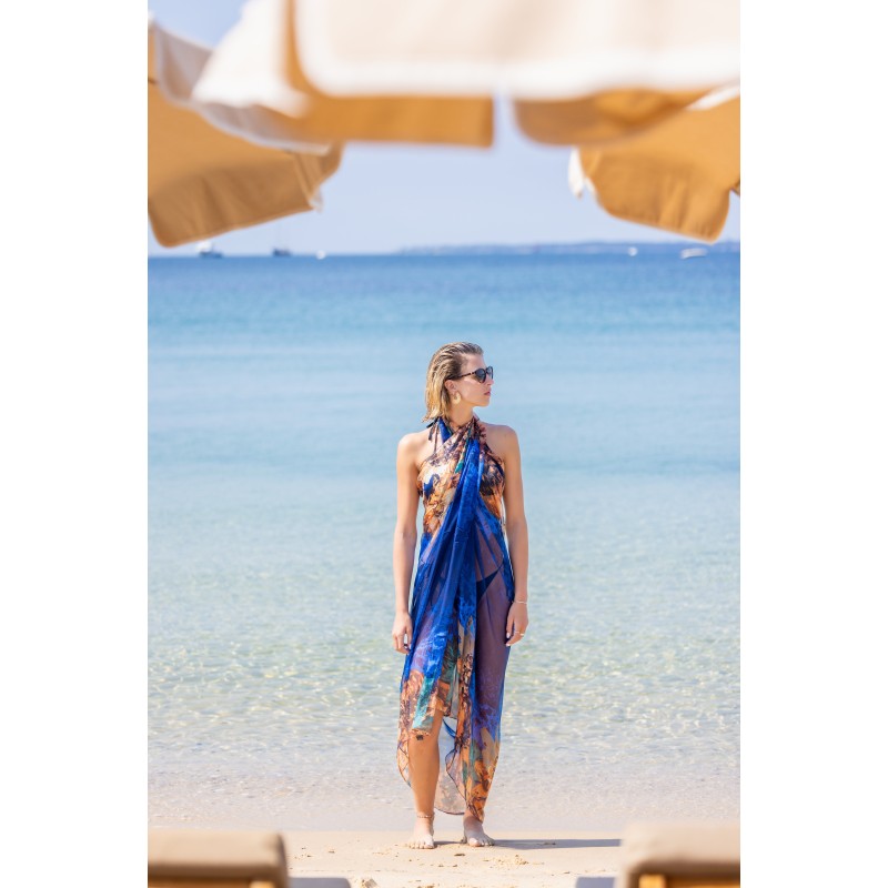 Paréo de plage FLORA Bleu Majorelle 100% Soie 180 x 135cm