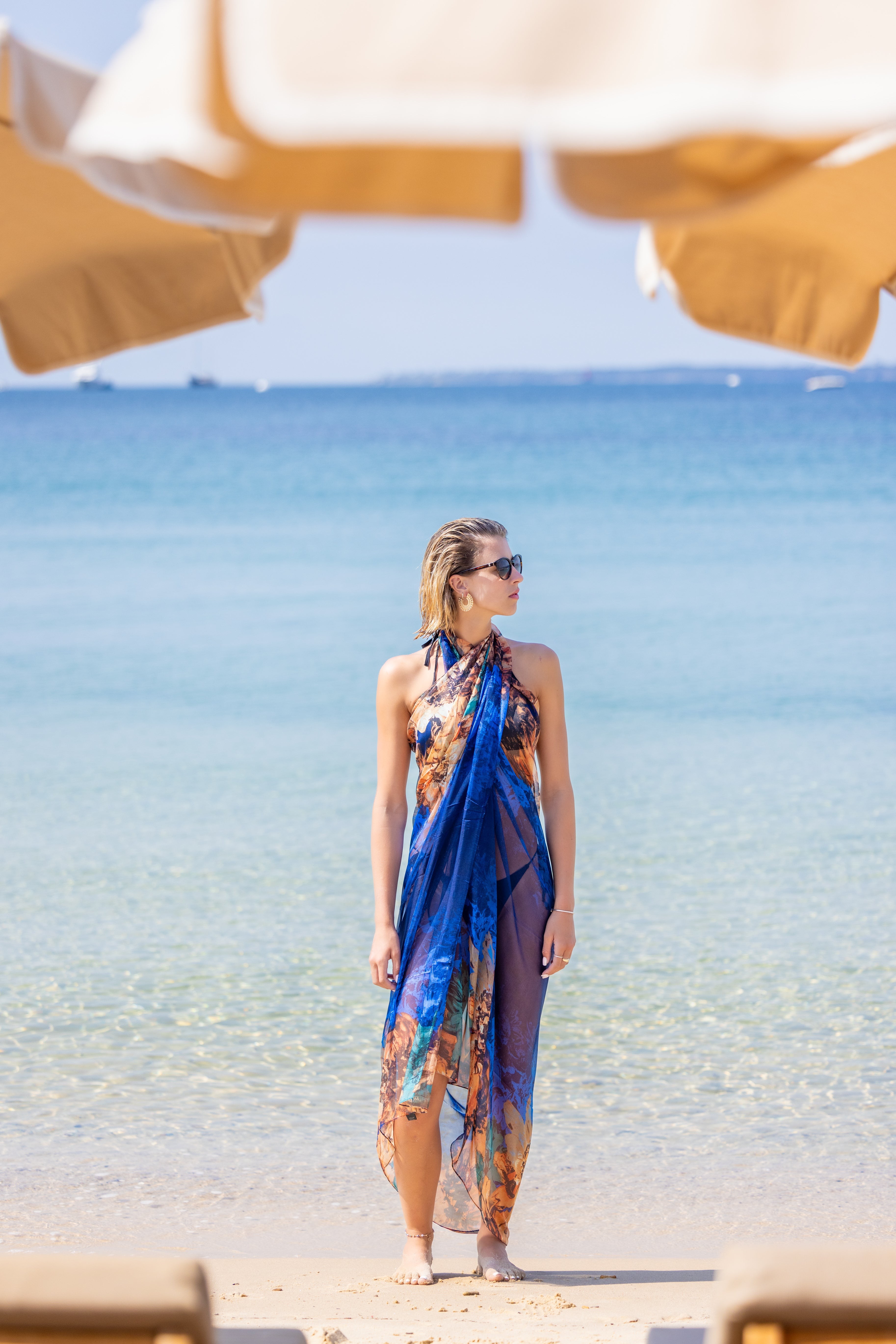 Paréo de plage FLORA Bleu Majorelle 100% Soie 180 x 135cm