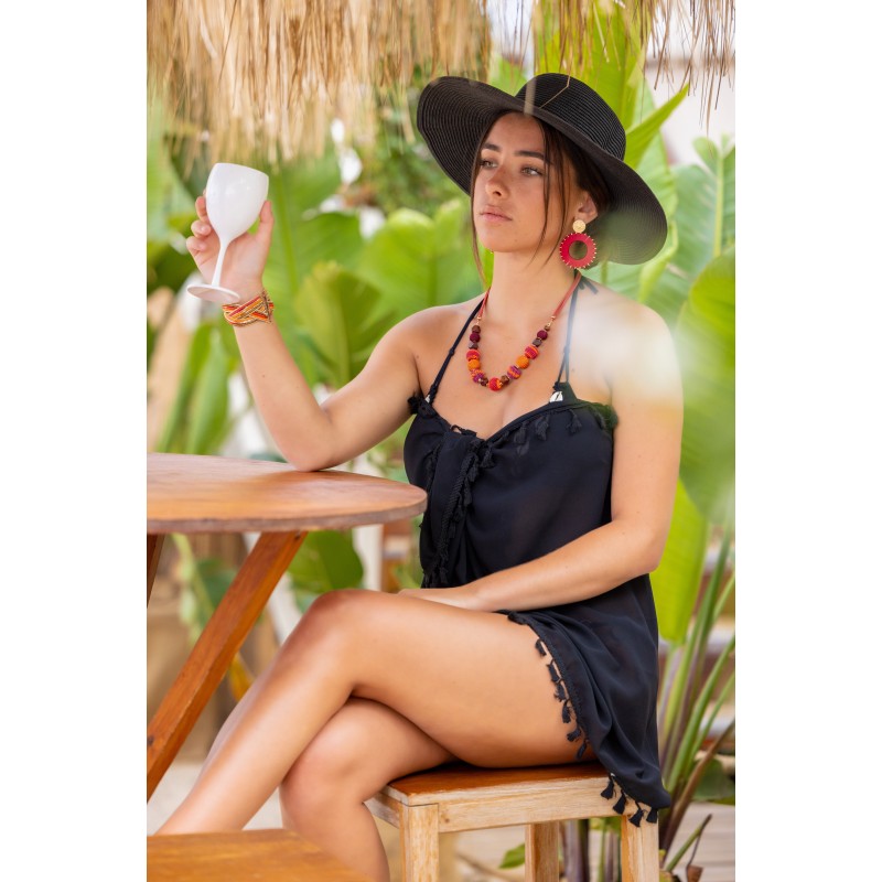 Paréo de plage FRINGES Noir Coton bio 146 cm x 57 cm