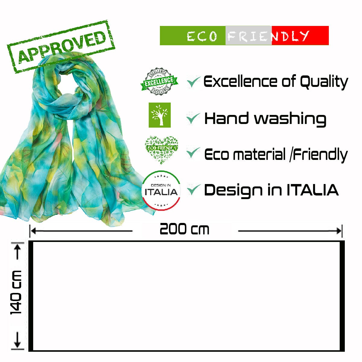Paréo de Soie Green Flora 100% Soie 200x140cm
