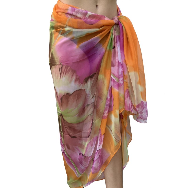 Paréo de Soie Orange Flora 100% Soie 200x140cm