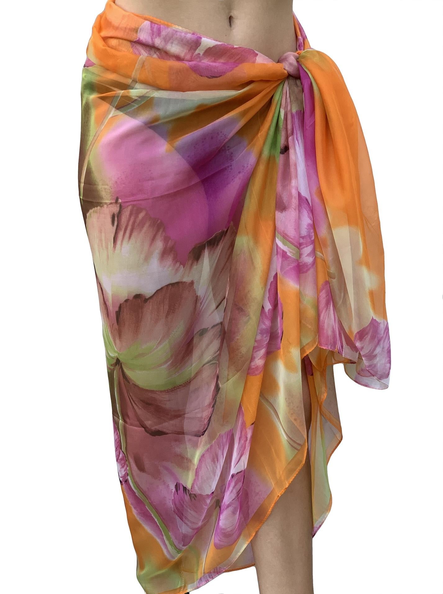 Paréo de Soie Orange Flora 100% Soie 200x140cm