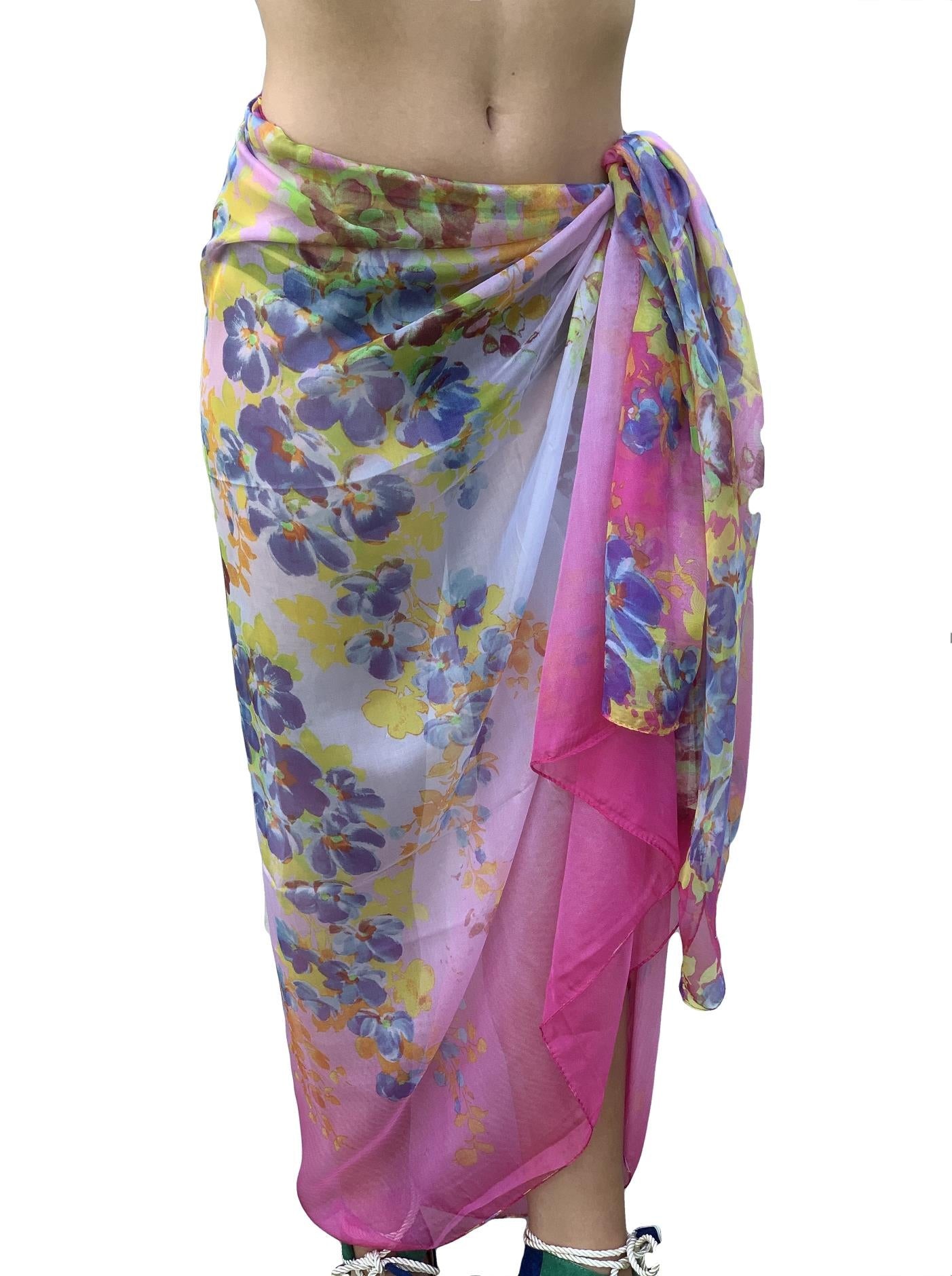 Paréo de Soie White Pink Flora 100% Soie 200x140cm