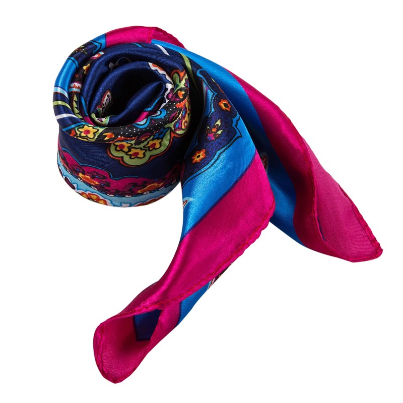 Petit carré de Soie Blue Navy Fuschia Cléo Bleu 100% Soie 60x60cm