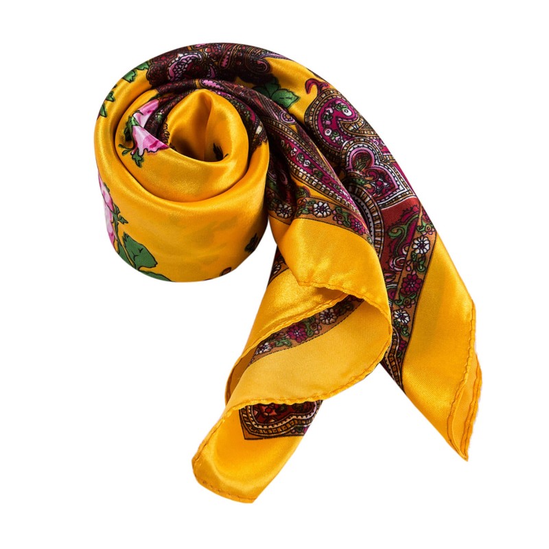 Petit carré de Soie Orange Brown Cléo Jaune 100% Soie 60x60cm