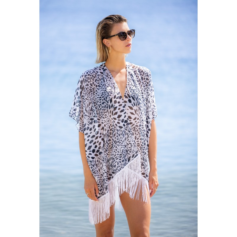 Tunique de Plage Cover Panther Blanc 100% Soie Unique