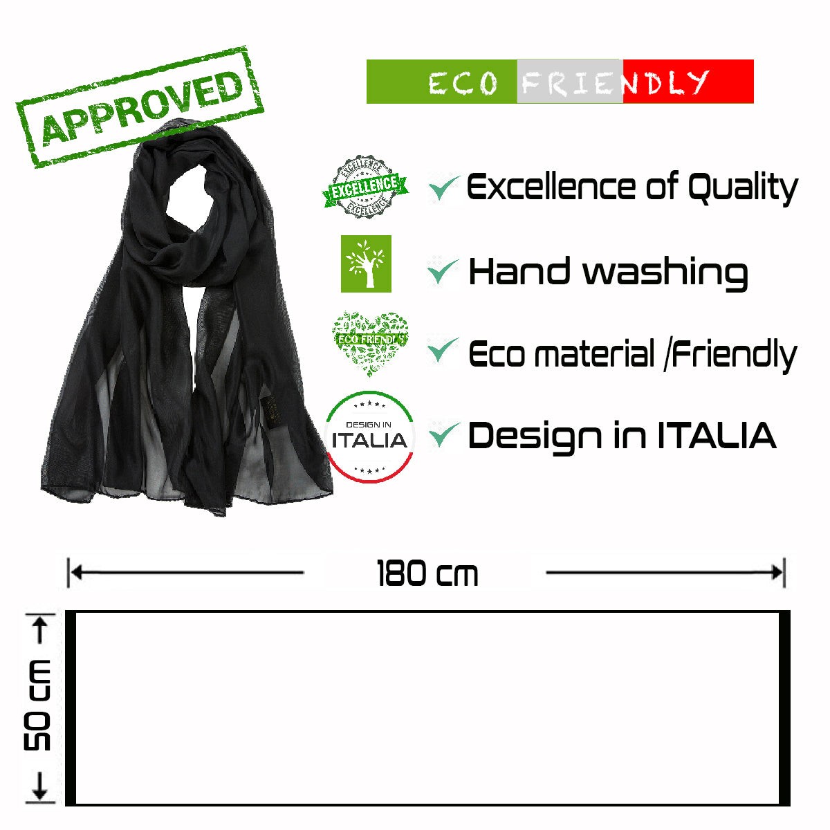 Voile de Soie Black Vera Noir 100% Soie 180x50cm