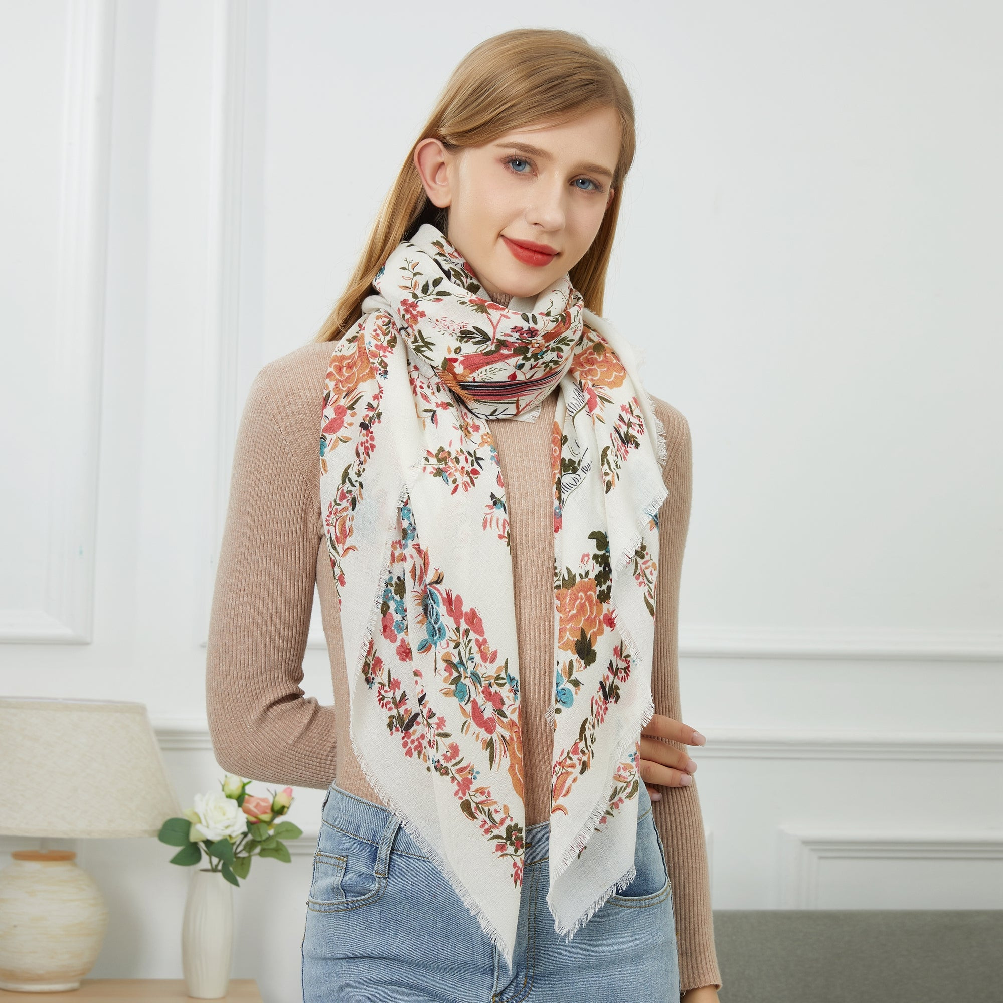 Chèche Flowers Blanc 100% Coton bio 135x135 cm