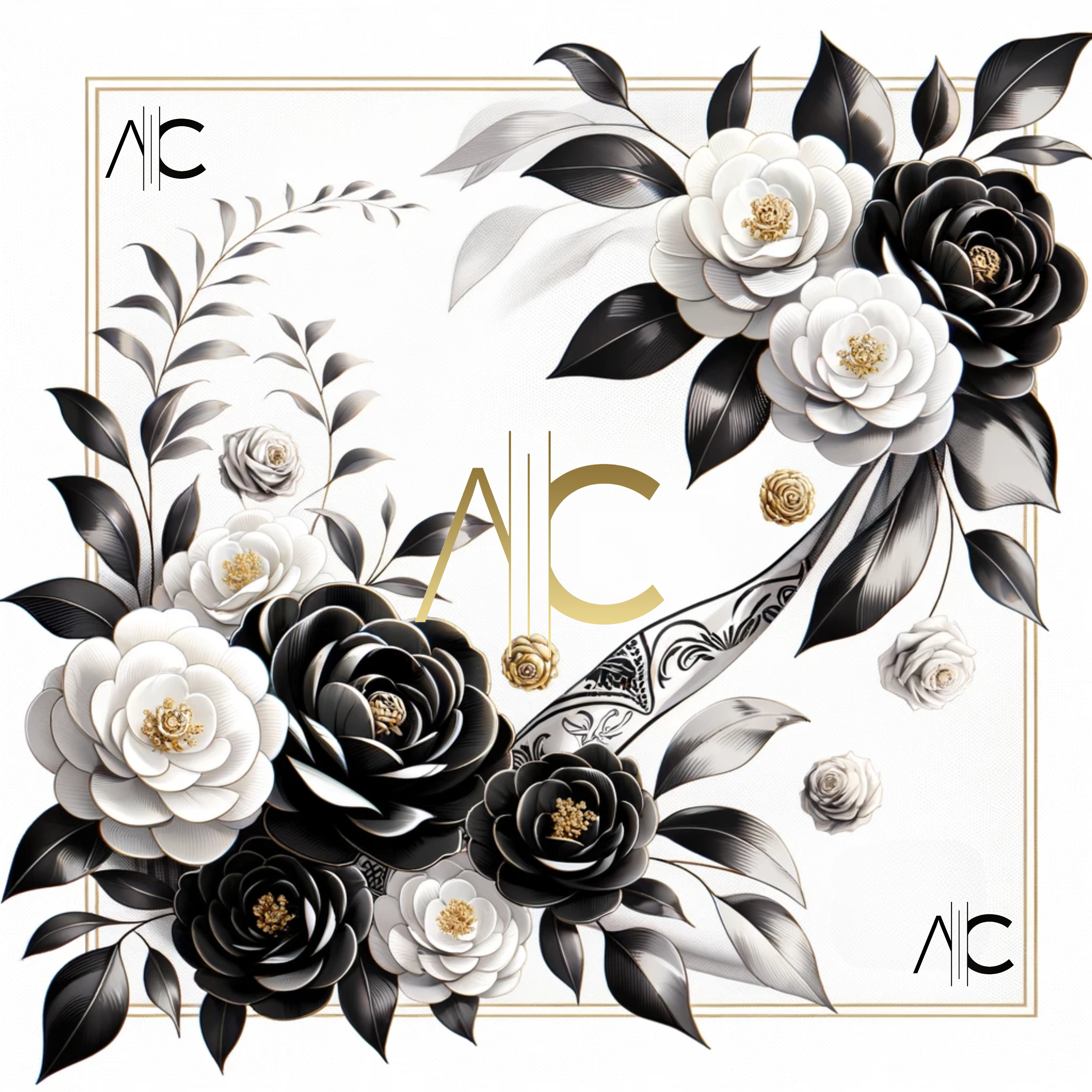 Petit carré de soie Black Roses Cléo