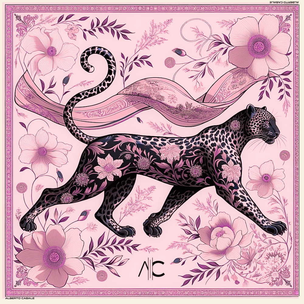 Petit carré de soie Proud Panther Cléo Rose 100% Soie 70x70cm